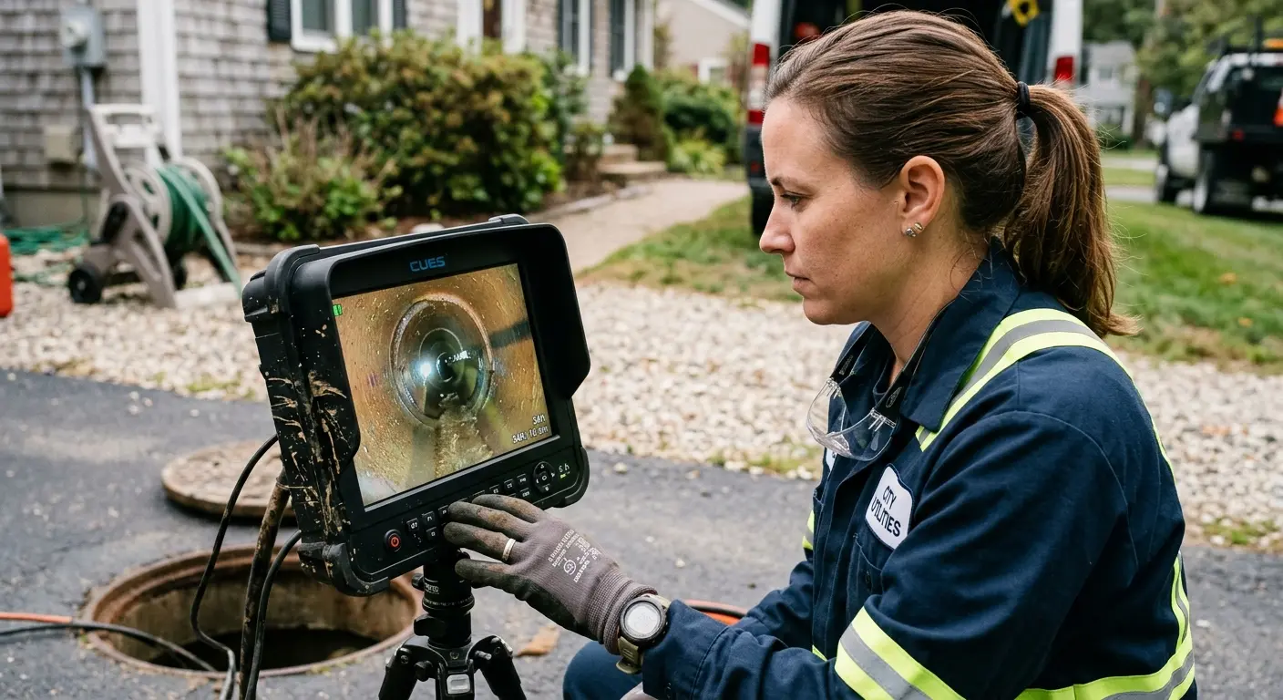 Technician reviewing sewer camera inspection footage in North Reading