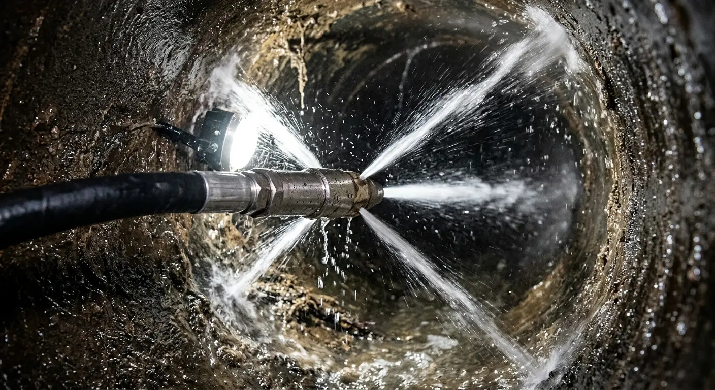 High-pressure hydro jetting nozzle cleaning sewer pipe for Storm Drain Cleaning in North Reading