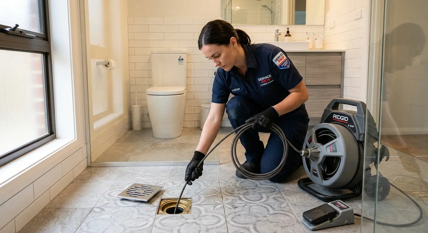 Technician clearing a bathroom floor drain for Hydro Jetting in North Reading